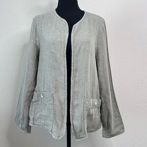 Tahari Linen Blend Open Front Jacket Women’s M Sage Lagenlook Minimalist Blazer